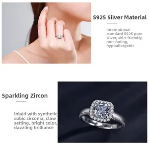 Détail macro de la bague en argent S925 avec un zircon carré de 1ct en serti à griffes