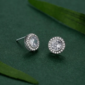 Classic S925 sterling silver halo stud earrings with round brilliant cut cubic zirconia