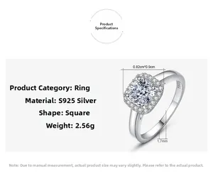 Détails de la bague en argent S925 avec diamant carré de 1ct et spécifications de 2,56g
