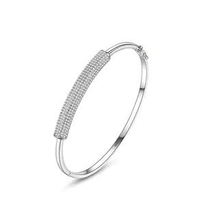 925 Sterling Silver Pave Rhinestone Bangle Bracelet For Women Minimalist Bamboo Joint Open Cuff Fashion Luxury Jewelry Gift