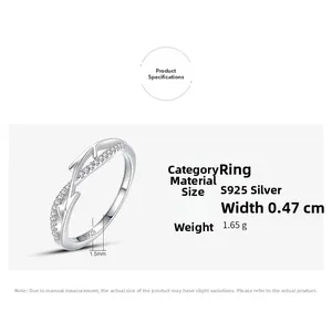 Detailansicht des S925 Sterlingsilber-Zweigrings mit Mikro-Diamanten und Maßangaben
