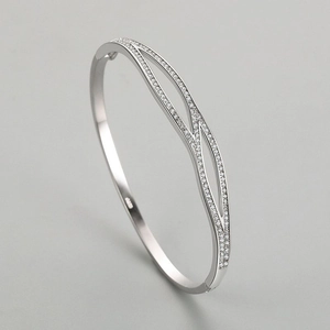 Minimalist S925 sterling silver double-layer crisscross bangle with white zircon inlays