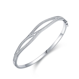 Minimalist double-layered S925 silver wave bracelet with pavé cubic zirconia diamonds