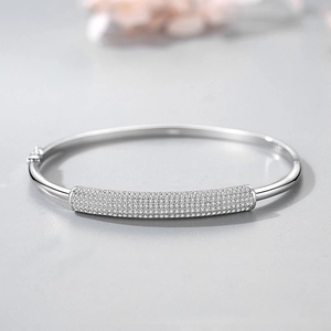 Elegant S925 sterling silver bamboo joint cuff bracelet with sparkling pavé zircons