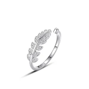925 Sterling Silver Leaf Open Ring For Women Adjustable Mori Style Pave Rhinestone Fashion Jewelry Elegant Temperament Gift