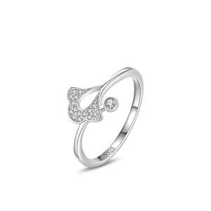 Bague en Argent Sterling 925 en Forme d'Éventail Feuille de Ginkgo pour Femme Simple Élégante Bague Ouverte Incrustée de Zirconia Bijoux Cadeau