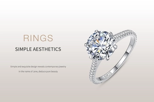 Detail of S925 sterling silver ring showing 2 carat round moissanite with 6-prong setting