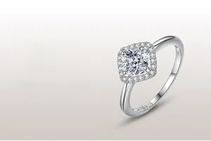 Macro shot of S925 sterling silver ring featuring a square cushion-cut halo diamond setting