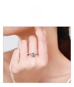 Close-up of a S925 sterling silver ring with 6-prong 2-carat round cut stone