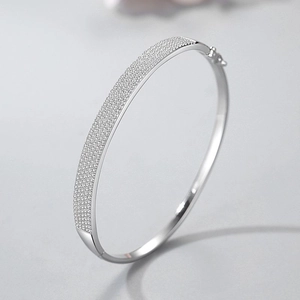 Luxurious S925 sterling silver pave-set zircon bangle with a polished mirror finish
