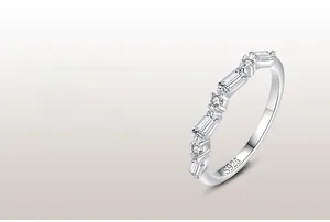 Macro view of S925 sterling silver ring showing baguette and round cut zircons
