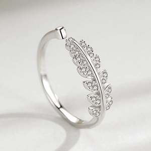 925 sterling silver open leaf ring with micro-pave cubic zirconia accents