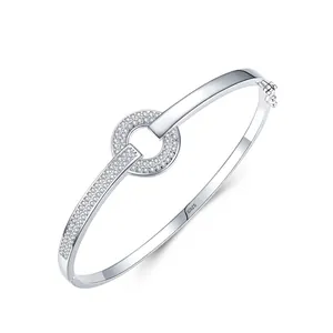 925 Sterling Silver Circle Bangle For Women Round Rhinestone Inlaid Minimalist Elegant Fashion Jewelry Bangle Bracelet Gift