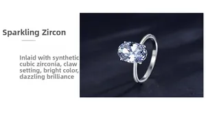 Detailed view of oval cut synthetic cubic zirconia set in a silver four-prong ring