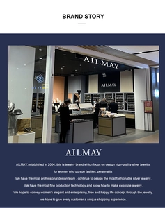 Brand story card showing AILMAY physical store front with silver jewelry history and vision