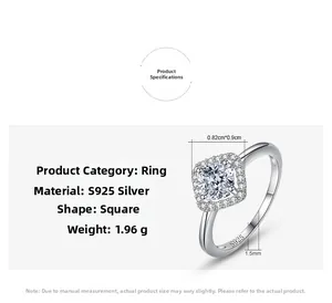 Detailed specs of square zircon ring in S925 silver with 1.5mm band and 1.96g weight