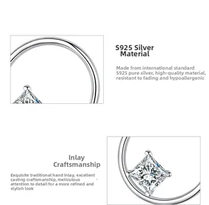 Macro detail of S925 sterling silver hoop earrings with prong-set square zircon stones