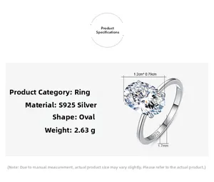 Detailed view of S925 silver ring with 3 carat oval cubic zirconia and dimensions