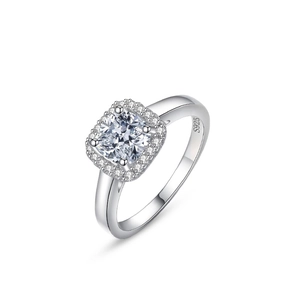 Bague en argent sterling S925 avec diamant simulé 1 carat taille coussin halo