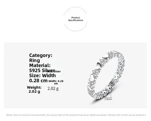 Détails de la bague cœur en argent S925 avec largeur de 2,8 mm et poids de 2,02 g