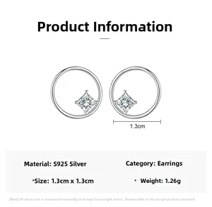 Macro shot of S925 sterling silver hollow round earrings with 1.3cm x 1.3cm square zircon