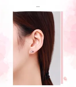 Detail of s925 silver four-point star earrings featuring sparkling zircon on a model