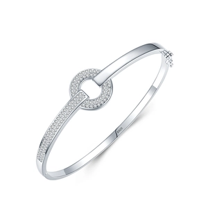 Polished S925 silver bangle with a circular micro-pave cubic zirconia design