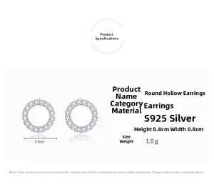 Macro detail of S925 sterling silver hollow round stud earrings with sparkling zircon stones