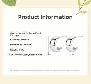 Detail view of S925 sterling silver C-shaped studs with 1.2cm x 0.5cm size and 1.88g weight