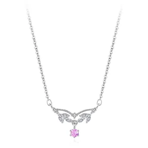 925 Sterling Silver Pendant Necklace For Women Pink Zirconia Leaf Wings Water Drop Clavicle Chain Korean Style Jewelry