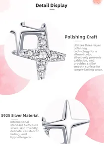 Macro shot of S925 sterling silver four-point star earring with zircon and polished finish