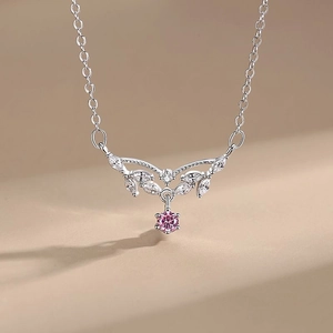 S925 sterling silver necklace with leaf pendant and pink zircon drop stone for women