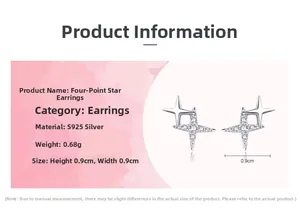 Detailed specs for S925 sterling silver star earrings with 0.9cm size and 0.68g weight