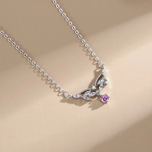 Elegant S925 silver leaf necklace with pink round gemstone and white zircon pendant