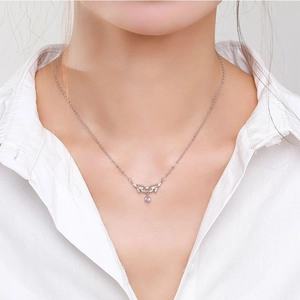 S925 sterling silver necklace with leaf-shaped zirconia and pink teardrop pendant
