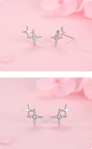 Macro detail of S925 sterling silver star earrings with sparkling cubic zirconia crystals