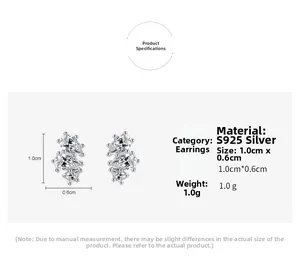 Spécifications des boucles d'oreilles goutte en argent S925 avec dimensions zircon