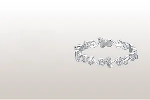 Macro shot of S925 sterling silver ring with vine leaves and micro-set zirconia stones