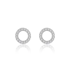 925 Sterling Silver Round Hollow Stud Earrings Rhinestone Pave Circular Earrings Women Minimalist Fashion Jewelry Gift