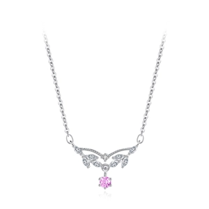 Elegant S925 silver necklace featuring pink round crystal and marquise leaf pendant