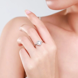 Classic 925 sterling silver ring with square halo diamond and polished slender band
