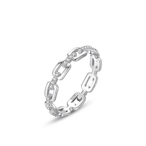 925 Sterling Silver Chain Link Ring For Women Shiny Rhinestone Inlaid Finger Band Elegant Gold Silver Plated Jewelry Gift