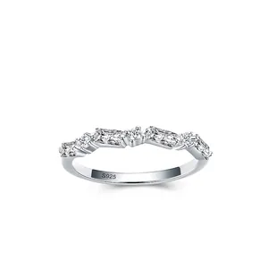 Elegant S925 Sterling Silver Irregular Baguette Round Zirconia Inlaid Band Ring For Women Korean Minimalist Stackable Jewelry
