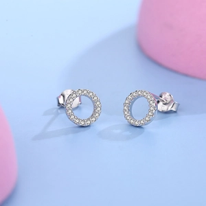 S925 sterling silver hollow circle earrings with micro-pave white zircon stones