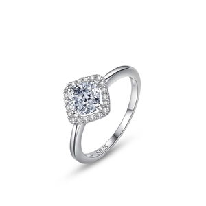 Luxurious 925 sterling silver ring featuring a cushion-cut cubic zirconia and halo accents