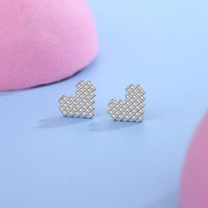 Boucles d'oreilles cœur pixel en argent S925 serties de zircons blancs brillants