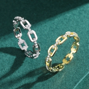 Elegant s925 silver and gold chain rings featuring micro-pave white zircon stones