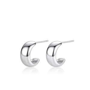 Minimalist 925 Sterling Silver Smooth C-Shaped Stud Earrings For Women Highly Polished Geometric Hoop Earrings Fine Jewelry