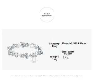 Detailed view of S925 sterling silver flower ring with 0.35cm width and 1.4g weight specs