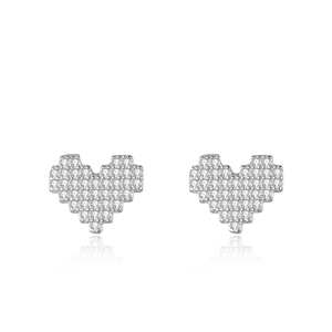 Boucles d'oreilles cœur pixel en argent S925 avec pavage de zircons cubiques brillants